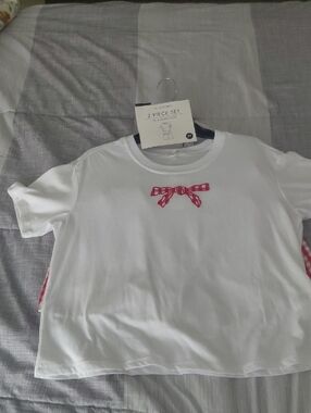 White Short-Sleeve Pajama Top with Red  Bow Accent